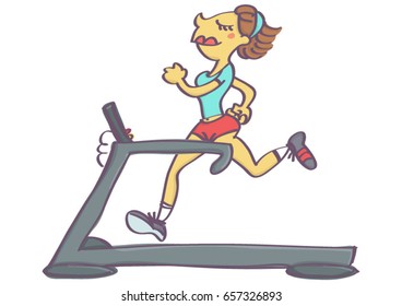 Cute vector cartoon of woman jogging on running machine, isolated