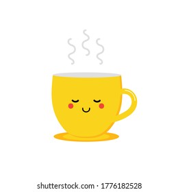 Cute vector cartoon yellow cup character with steaming hot tea, coffee.