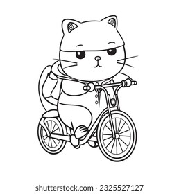 Cute vector ilustración caricaturizada de la bicicleta de rienda de gatos. arte de línea, libro de colorear, ilustración