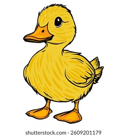 A cute vector, cartoon-style yellow duckling with a round body, fluffy feathers, and a cheerful expression. The duckling stands upright with its wings slightly raised.