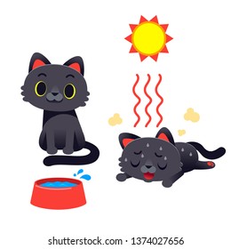 Cute vector cat characters with heatstroke, sick, illness symptoms. Isolated on white background