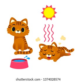 Cute vector cat characters with heatstroke, sick, illness symptoms. Isolated on white background