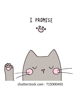 Cute vector cat face with paw, hand drawn outlines illustration. I promise kitty card