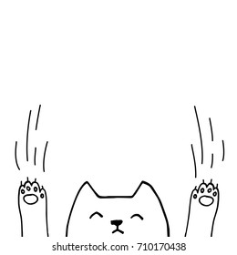 Cute vector cat face with paws, hand drawn outlines illustration