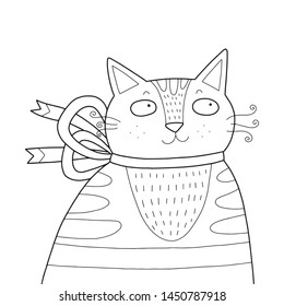 Cute vector cat illustration.  With a bow.  Isolated on white. Sitting. Black outline drawing, perfect for coloring book or page