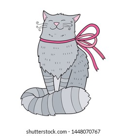 Cute vector cat illustration. Happy closed eyes. With a bow. Maine Coon. Isolated on white. Sitting.