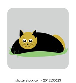 Cute vector cat looking at you. Black and yellow cat isolated on green grass. Funny Editable Illustration.