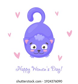 Cute, vector cat, cat. March 8. International Women's Day. Women's holiday. Designed for printing, fabrics, textiles, postcards, sticker