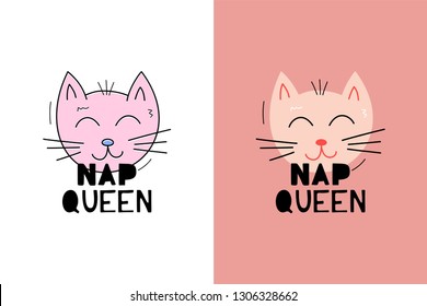 Cute vector cat with phrase nap queen - illustration cut out from actual paper. Scrapbook element. Art poster for nursery or kids room poster