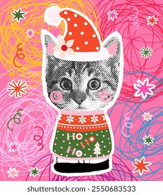 Gato lindo del Vector con el suéter feo de la Navidad, sombrero de Santa, diseño de vacaciones del estilo del collage del halftone para los Anuncios, tarjetas de felicitación