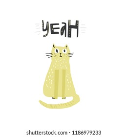 Cute vector cat with word yeah - illustration cut out from actual paper. Scrapbook element. Art poster for nursery or kids room poster.