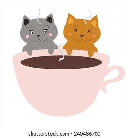 Cute vector cats and big cup of coffee or black tea