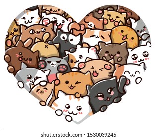 Cute vector cats in heart. Funny cartoon kittens. Vector art. Heart. I love cats. Love. Illustration for cat lovers. Smiling colorful kittens.