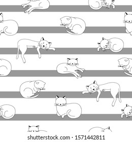 Cute vector cats seamless pattern. Cat doodle pattern. Childish background for fabric, textile, nursery wallpaper. Black and white colors.