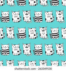 Cute vector cats seamless pattern. Cat pattern with light blue background. Funny doodle wallpaper