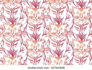 Cute vector cats seamless pattern.Cat vector hand drawn illustration illustration.Lined cats on white background.Funny doodle wallpaper