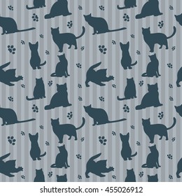 Cute vector cats silhouettes seamless pattern. Background with cat and stripes, illustration silhouettes cats
