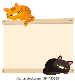 Cute Vector Cats sleeping on Wood Crate, Blank Message Board, Blank Banner.