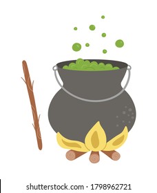 Cute vector cauldron on fire with wooden stick. Halloween object icon. Autumn all saints eve illustration with witch related element. Samhain pot with green potion picture for kids. 
