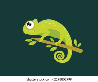 Cute vector chameleon. Little cartoon chameleon on a branch. Tropical animal. Cartoon character.