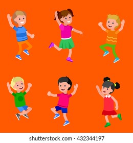 Cute vector character in action. Cheerful active child run and jump. Happy kid illustration. Detailed character. Vector for Celebration children day