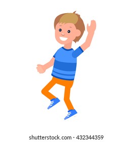 Cute vector character in action. Cheerful active child run and jump. Happy kid illustration. Detailed character. Vector for Celebration children day