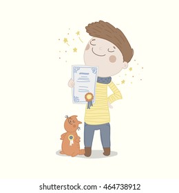 Cute vector character with award or diploma. Education illustration 