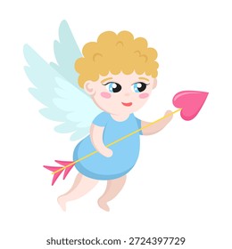 Cute vector character of a baby Cupid with golden curly hair and blue wings holding a love arrow with a pink heart. Adorable little angel mascot for Valentine's Day, kids design, and romance.