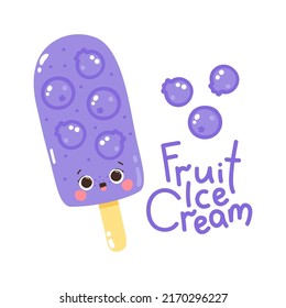 Cute vector character blueberry popsicle on a stick. Cold dessert. Summer sweetness. Lettering Fruit ice cream. Isolated on white background