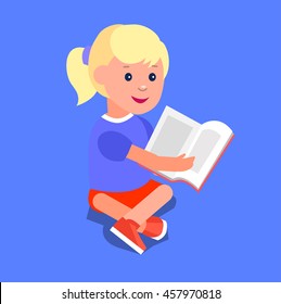 Cute vector character boy. Happy kid illustration reading book. Education and child development. Banner for the kindergarten or children club