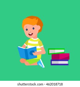Cute vector character boy. Happy kid illustration reading book. Education and child development. Banner for the kindergarten or children club