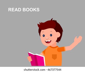 Cute vector character boy. Happy kid illustration reading book. Education and child development. Banner for the kindergarten or children club