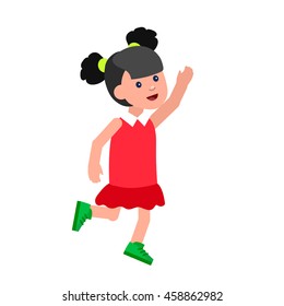 Cute vector character child in action. Cheerful active child run and jump. Happy kid