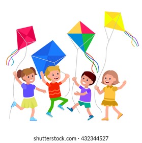 Cute vector character child. Cheerful Kid playing with kite. Vector illustration. Vector for Celebration children day
