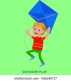 Cute vector character child. Cheerful child. Kid playing with kite. Vector illustration of child flying kite. Detailed character child. Vector for Celebration children day