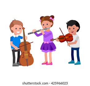 Cute vector character child. Happy kid team playing on contrabass, on flute, playing on violin. Education and child development. Banner for kindergarten, children club or school of Arts, music school