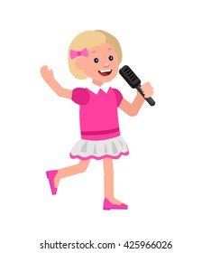 Cute vector character child. Happy kid girl sings. Education and child development. Banner for kindergarten, children club or school of Arts, music school