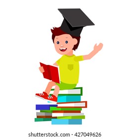 Cute vector character child. Happy kid illustration reading book. Education and child development. Banner for the kindergarten or children club, school of Arts