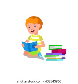 Cute vector character child. Happy kid illustration reading book. Education and child development. Banner for the kindergarten or children club, school of Arts