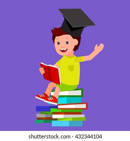 Cute vector character child. Happy kid illustration reading book. Education and child development. Banner for the kindergarten or children club, school of Arts