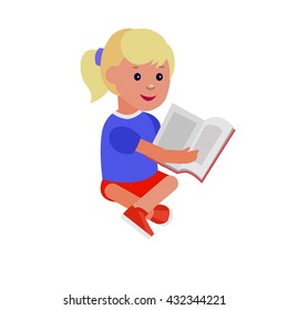 Cute vector character child. Happy kid illustration reading book. Education and child development. Banner for the kindergarten or children club, school of Arts