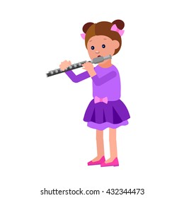 Cute vector character child. Happy kid girl playing on flute. Education and child development. Banner for kindergarten, children club or school of Arts, music school