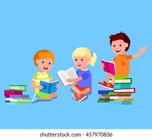 Cute vector character child. Happy kid illustration reading book. Education and child development. Banner for the kindergarten or children club, school of Arts