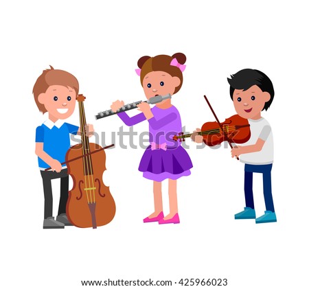 Cute vector character child. Happy kid team playing on contrabass, on flute, playing on violin. Education and child development. Banner for kindergarten, children club or school of Arts, music school