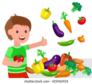 Cute vector character child and healthy food, boy with vegetables, cooking. Happy kid 