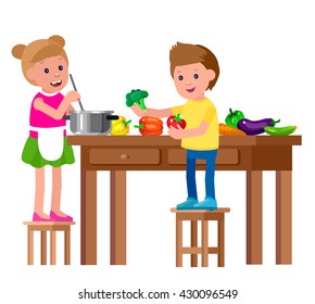 Cute vector character child and healthy food. Child girl and boy with vegetables, cooking. Happy kid illustration