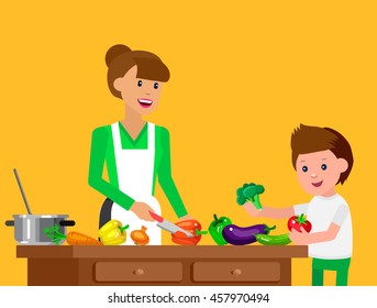 Cute Vector Character Child And Healthy Food, Cook With Mother. Happy Kid Helping Mum Prepare Food