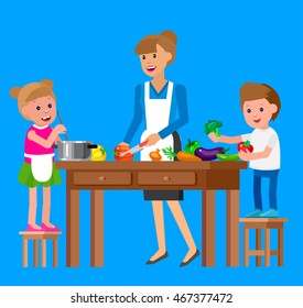 Cute vector character child and healthy food, cook with mother. Happy kid helping mum prepare food
