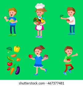Cute vector character child and healthy food. Child with vegetables, cooking girl, kid chooses between apple and cake, boy eating breakfast. Vector for Celebration children day