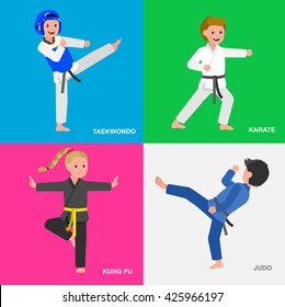 Cute vector character child. Illustration for martial art taekwondo, karate, judo, kung fu. Kid wearing kimono and training. Child take fighting pose